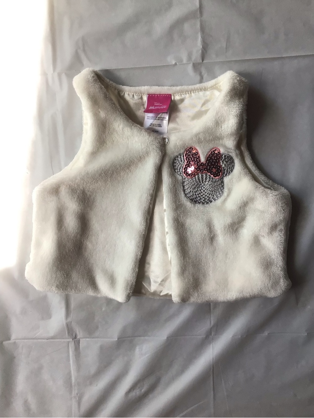 Disney Cream Faux Fur Vest with Sequin Minnie Patch